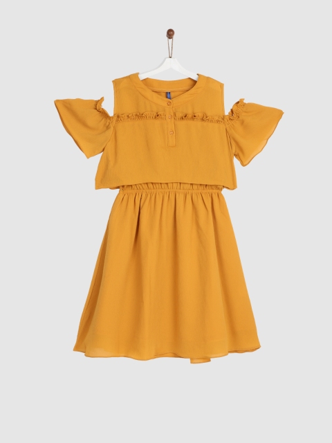 

YK Girls Mustard Yellow Solid Fit and Flare Dress