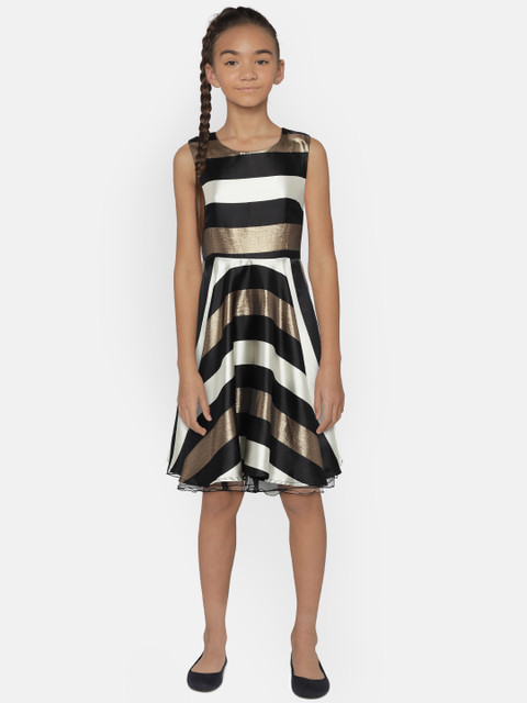 

YK Girls Black & Beige Striped Fit and Flare Dress