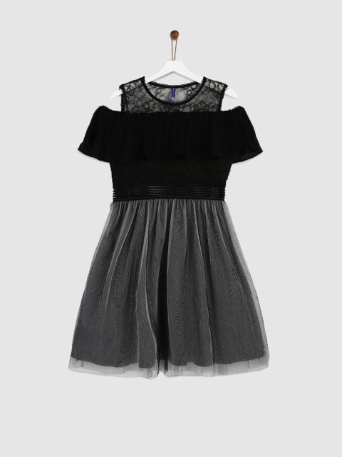 

YK Girls Black & Grey Self Design Fit and Flare Dress