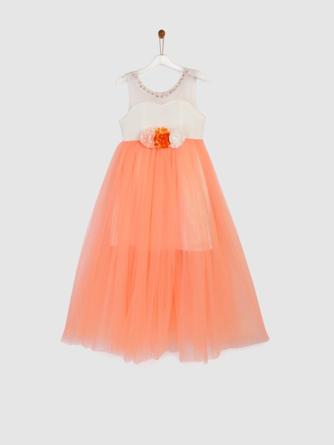 

YK Girls White & Coral Embellished Fit and Flare Dress