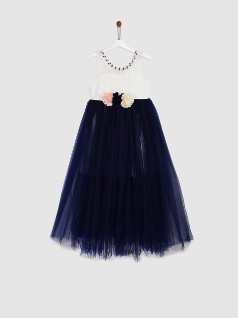 

YK Girls Navy Blue & White Embellished Fit and Flare Dress