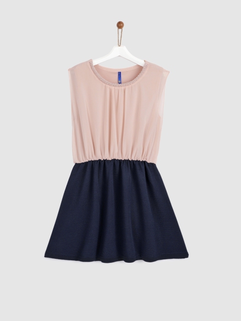 

YK Girls Peach-Coloured & Navy Blue Fit & Flare Party Dress