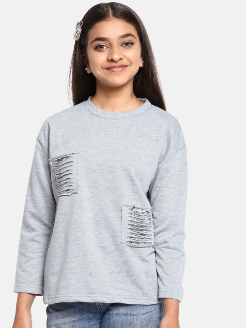 

YK Girls Grey Melange Solid Round Neck Top with Ripped & Sequinned Detail