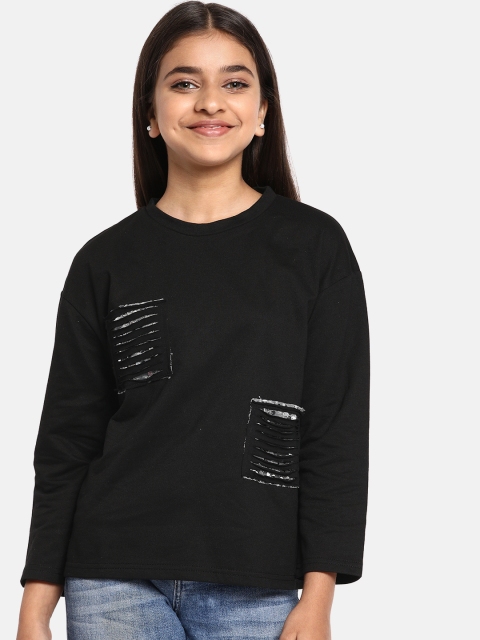 

YK Girls Black Solid Round Neck Top with Ripped & Sequinned Detail