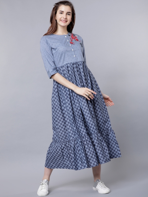 

Vishudh Women Blue Checked Fit and Flare Dress
