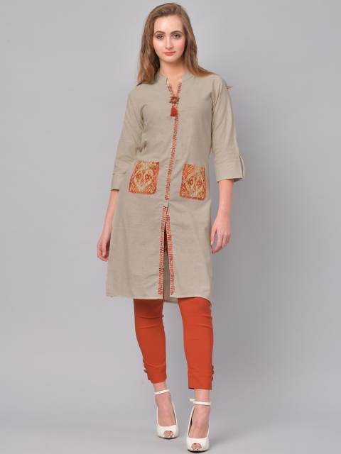 

La Firangi Women Beige & Coral Orange Solid Straight Kurta