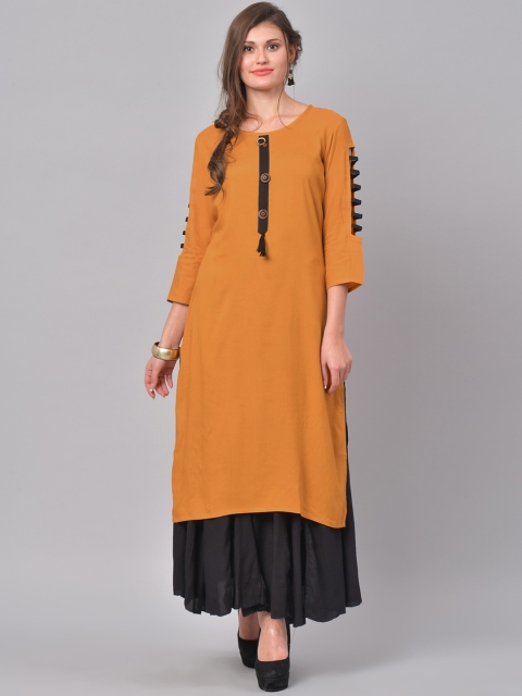 

La Firangi Women Mustard & Black Solid Straight Kurta