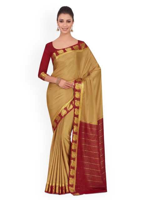 

MIMOSA Camel Brown & Maroon Poly Chiffon Solid Kanjeevaram Saree