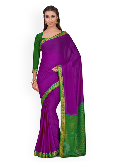 

MIMOSA Purple & Green Poly Chiffon Solid Kanjeevaram Saree