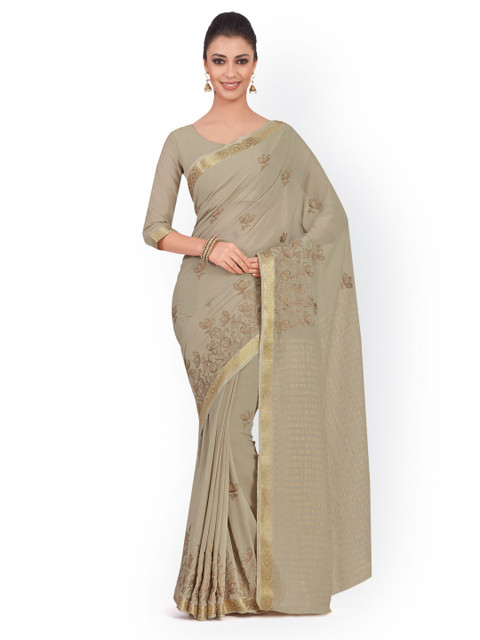 

MIMOSA Khaki Poly Chiffon Embroidered Kanjeevaram Saree