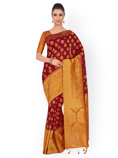 

MIMOSA Maroon & Orange Poly Chiffon Woven Design Kanjeevaram Saree