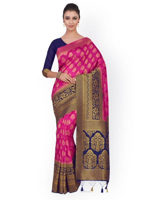 

MIMOSA Pink & Navy Blue Poly Chiffon Woven Design Kanjeevaram Saree