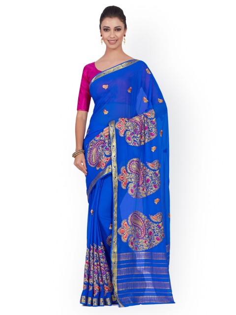 

MIMOSA Blue Poly Chiffon Embroidered Kanjeevaram Saree