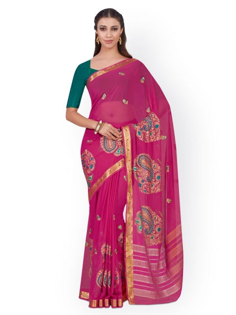 

MIMOSA Pink & Green Poly Chiffon Embroidered Kanjeevaram Saree