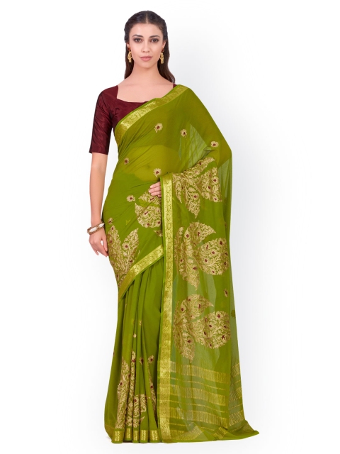 

MIMOSA Olive Green Poly Chiffon Embroidered Kanjeevaram Saree
