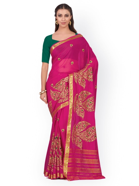 

MIMOSA Pink & Golden Poly Chiffon Embroidered Kanjeevaram Saree