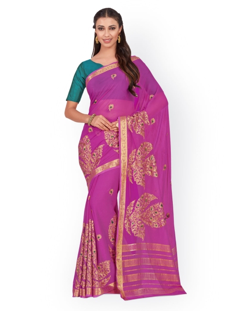 

MIMOSA Pink & Golden-Coloured Poly Chiffon Embroidered Kanjeevaram Saree