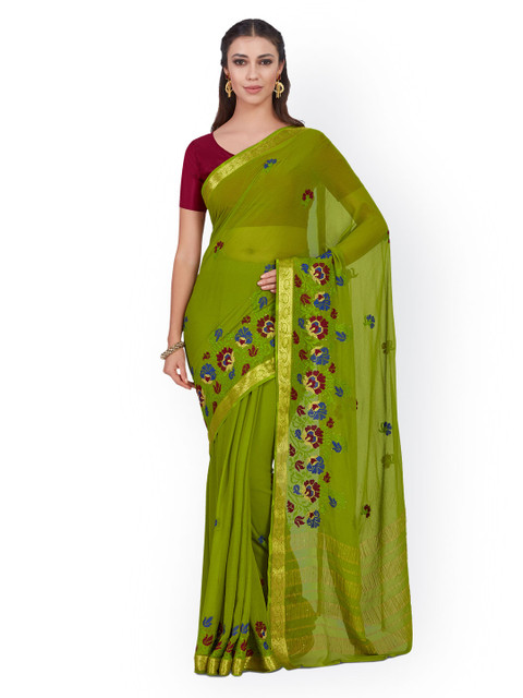 

MIMOSA Green & Maroon Poly Chiffon Embroidered Kanjeevaram Saree