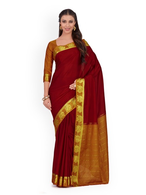 

MIMOSA Maroon & Mustard Poly Chiffon Solid Kanjeevaram Saree