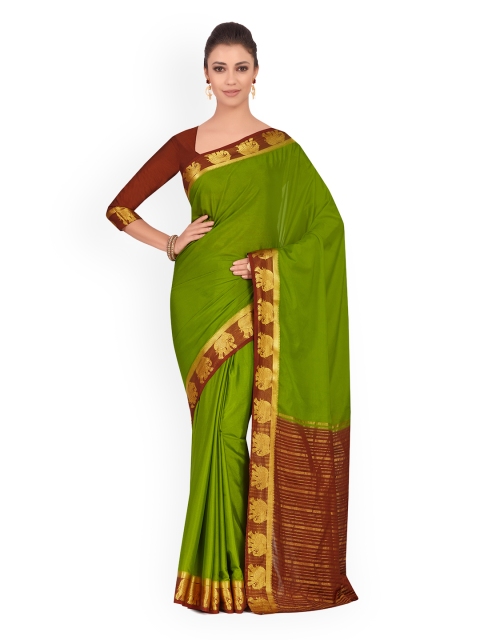 

MIMOSA Olive Green & Brown Poly Chiffon Solid Kanjeevaram Saree