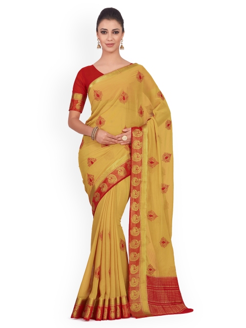 

MIMOSA Beige & Red Poly Chiffon Woven Design Kanjeevaram Saree