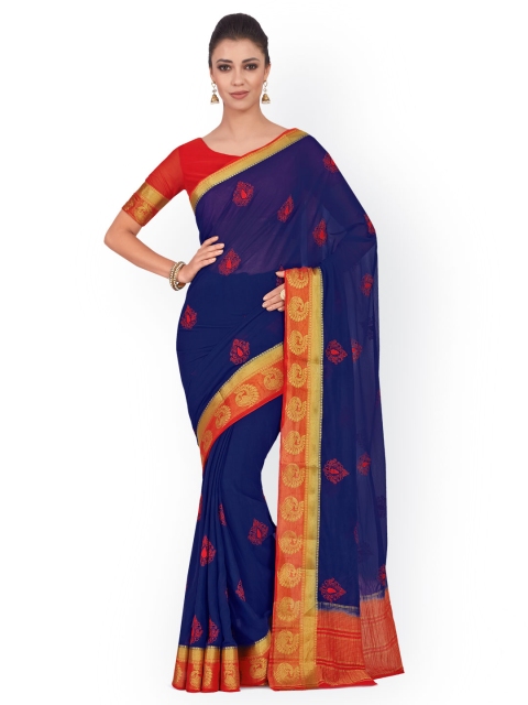 

MIMOSA Navy Blue & Red Poly Chiffon Embroidered Kanjeevaram Saree