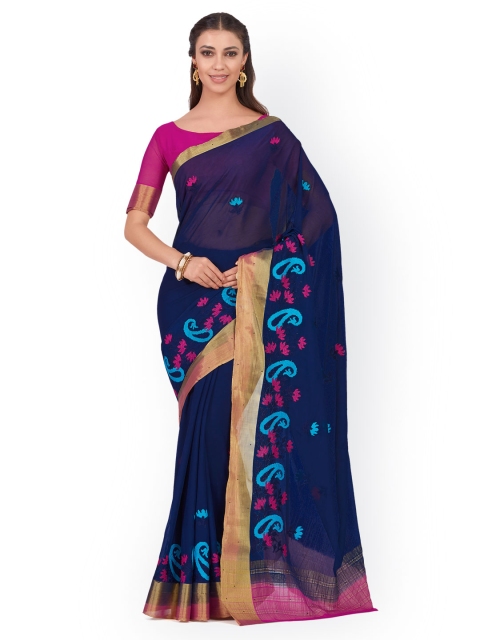 

MIMOSA Navy Blue & Pink Poly Chiffon Embroidered Kanjeevaram Saree