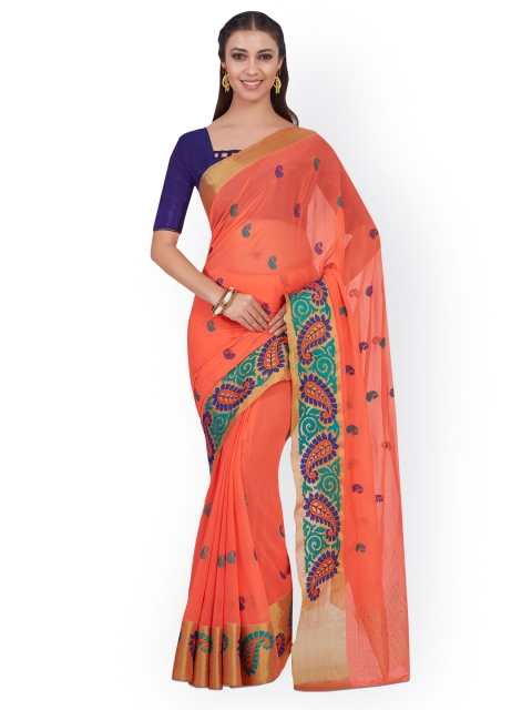 MIMOSA Coral Orange & Sea Green Poly Chiffon Embroidered Kanjeevaram Saree