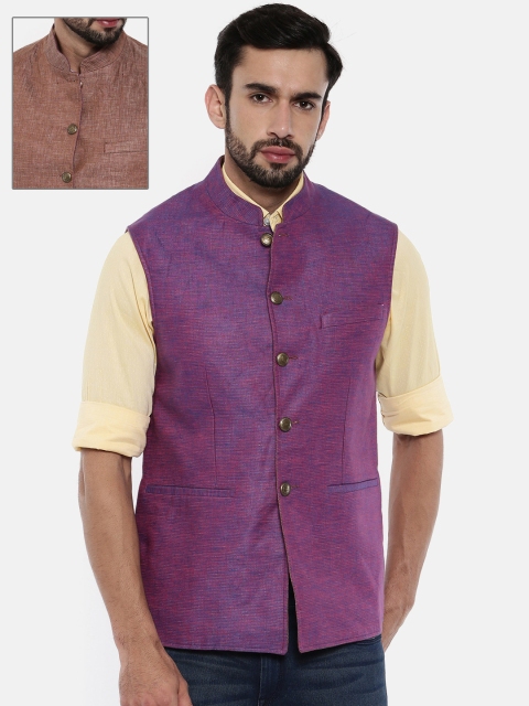 

Park Avenue Magenta & Brown Super Slim Fit Reversible Linen Nehru Jacket