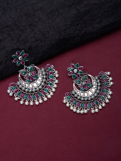 

Rubans Oxidised Silver-Toned & Green Handcrafted Crescent-Shaped Chandbalis