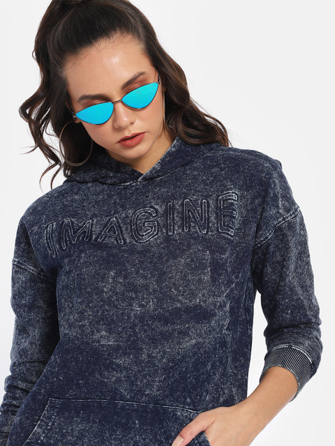 

Kook N Keech Women Navy Blue Faded Hooded Sweatshirt