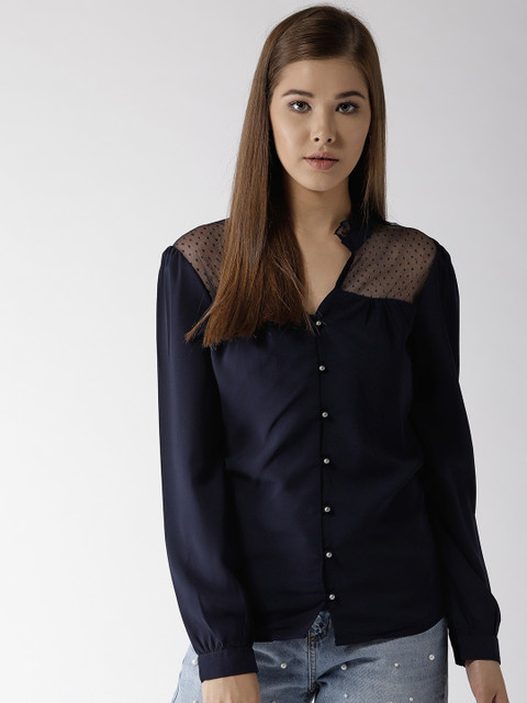 

Harpa Women Navy Blue Lace Detail Shirt Style Top