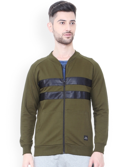

People Men Olive Green Striped Sweatshirt