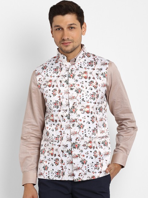 

Routeen Men White & Multicoloured Printed Nehru Jacket