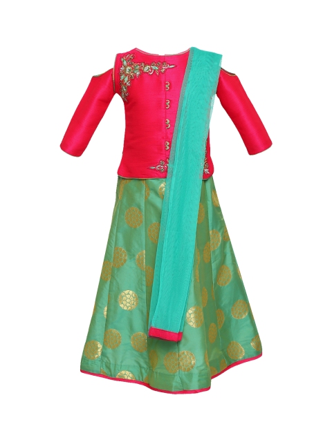 

Aarika Girls Pink & Blue Embellished Ready to Wear Lehenga & Blouse with Dupatta