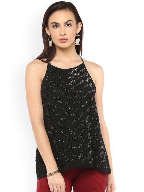 

Kazo Women Black Embellished Styled Back Top