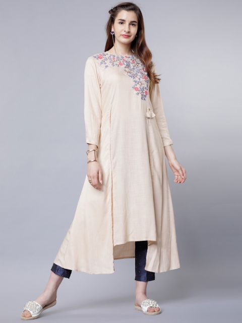 

Vishudh Women Beige & Peach-Coloured Embroidered A-Line Kurta