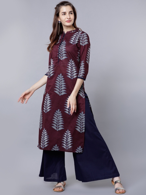 

Vishudh Women Burgundy & Navy Blue Printed Kurta with Palazzos