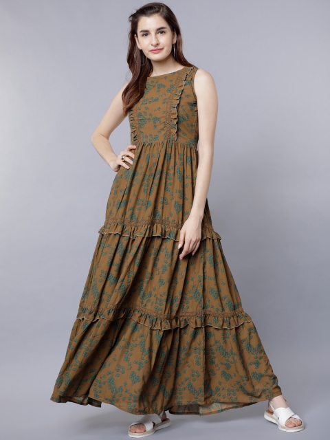 

Tokyo Talkies Women Olive Green Printed Maxi Dress, Brown