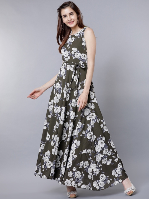 

Tokyo Talkies Women Olive Green Printed Maxi Dress