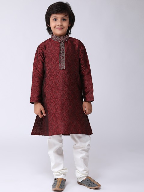 

SOJANYA Boys Maroon & White Self Design Kurta with Churidar