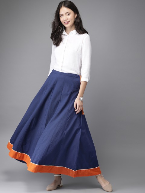 

HERE&NOW Women Navy Solid Flared Kalidar Skirt, Navy blue