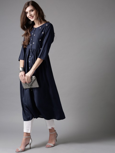 

HERE&NOW Women Navy Blue Solid A-Line Kurta