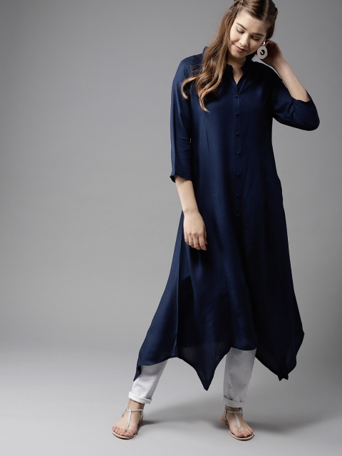 

HERE&NOW Women Navy Blue Solid A-Line Kurta