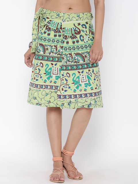 

SOUNDARYA Women Green Knee Length Printed Cotton Wrap Skirt