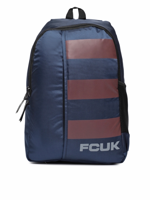

French Connection Unisex Navy Blue & Brown Brand Logo Backpack