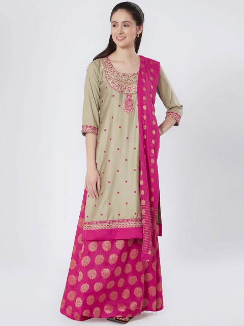 

Satrani Beige & Pink Cotton Blend Unstitched Dress Material