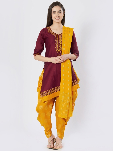 

Satrani Maroon & Yellow Cotton Blend Unstitched Dress Material