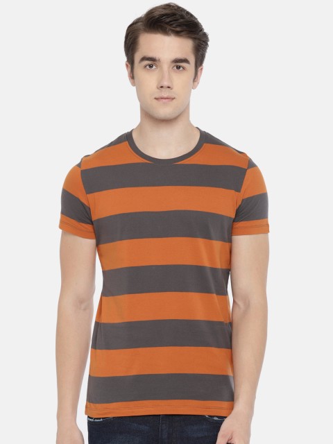 

Jack & Jones Men Rust Red & Grey Striped Round Neck T-shirt