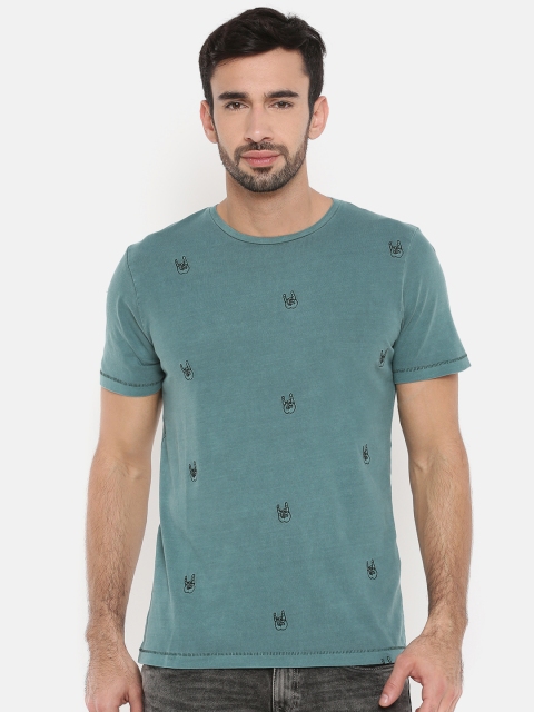 

Jack & Jones Men Green Self Design Round Neck T-shirt